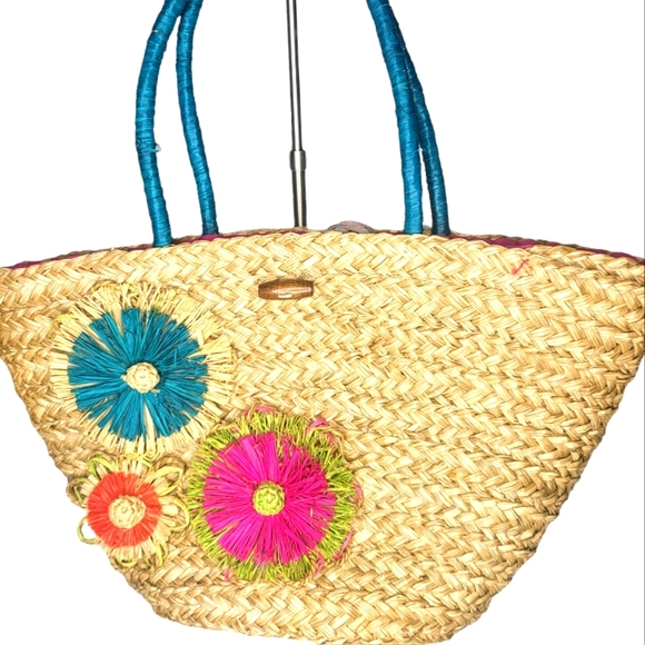 sun n sand Handbags - Sun N Sand Straw Beach Woven Tote Bag Colorful Flowers